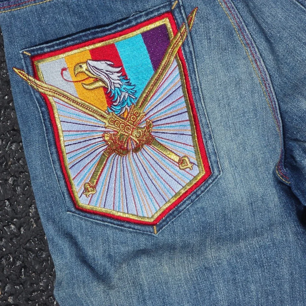 Coogi Mens Blue Denim Embroidered Streetwear Shorts W32 Made in USA Eagle Logo